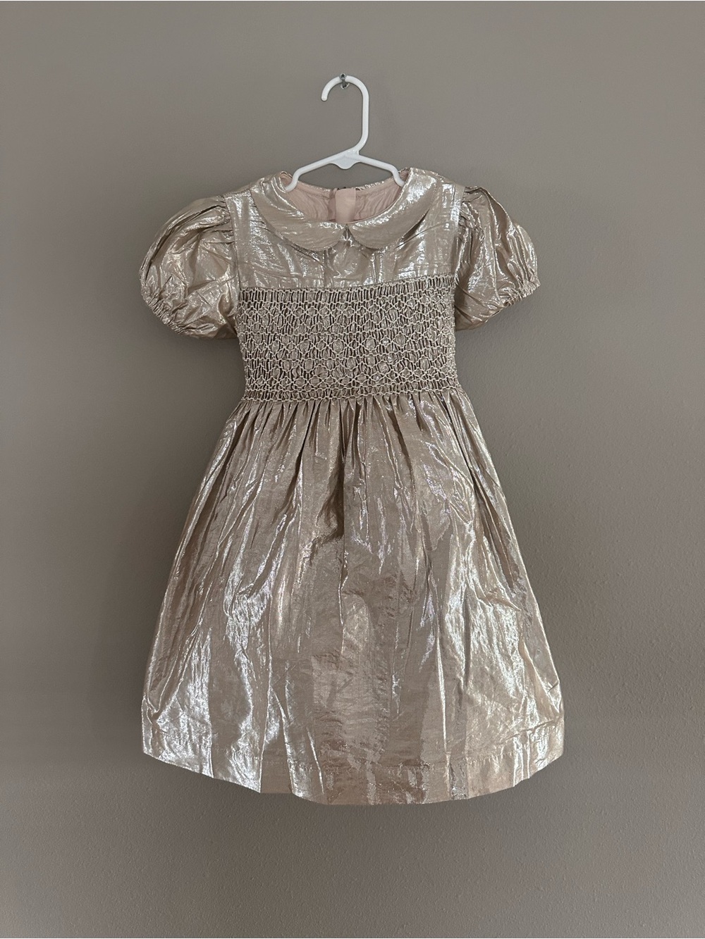 Mini Boden Metallic Champagne Smocked Bodice Party Dress